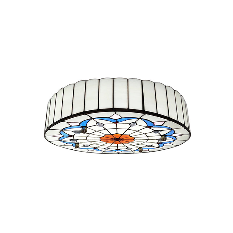 Drum Ceiling Mount Light Mediterranean Stained Glass Flush Mount Fixture for Bedroom White 19.5" Clearhalo 'Ceiling Lights' 'Close To Ceiling Lights' 'Close to ceiling' 'Flush mount' Lighting' 2556650