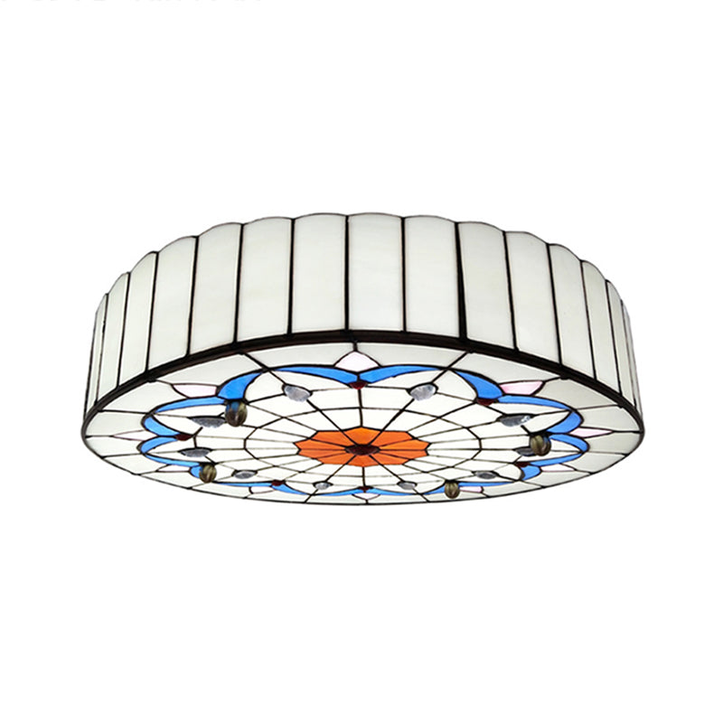 Drum Ceiling Mount Light Mediterranean Stained Glass Flush Mount Fixture for Bedroom White Clearhalo 'Ceiling Lights' 'Close To Ceiling Lights' 'Close to ceiling' 'Flush mount' Lighting' 2556654