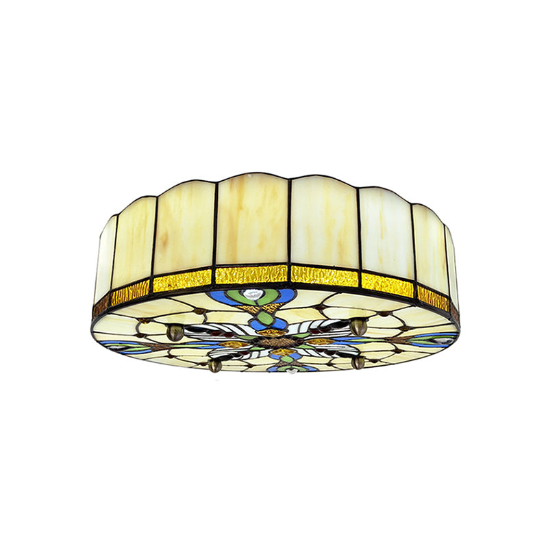 Drum Ceiling Mount Light Mediterranean Stained Glass Flush Mount Fixture for Bedroom Beige 19.5" Clearhalo 'Ceiling Lights' 'Close To Ceiling Lights' 'Close to ceiling' 'Flush mount' Lighting' 2556656
