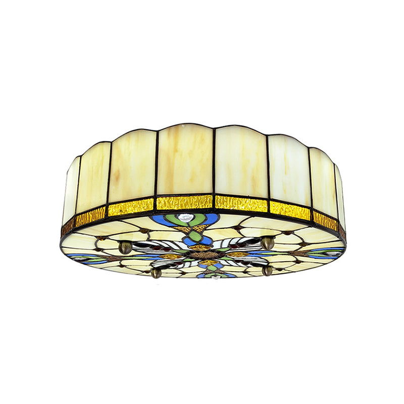 Drum Ceiling Mount Light Mediterranean Stained Glass Flush Mount Fixture for Bedroom Beige 23.5" Clearhalo 'Ceiling Lights' 'Close To Ceiling Lights' 'Close to ceiling' 'Flush mount' Lighting' 2556658