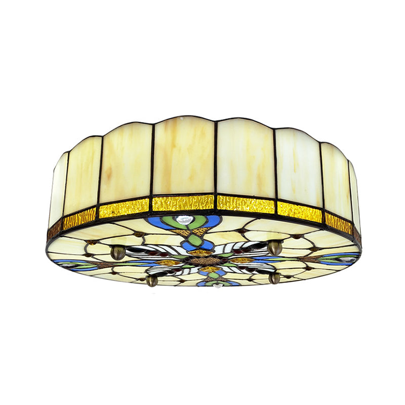 Drum Ceiling Mount Light Mediterranean Stained Glass Flush Mount Fixture for Bedroom Beige 39" Clearhalo 'Ceiling Lights' 'Close To Ceiling Lights' 'Close to ceiling' 'Flush mount' Lighting' 2556662