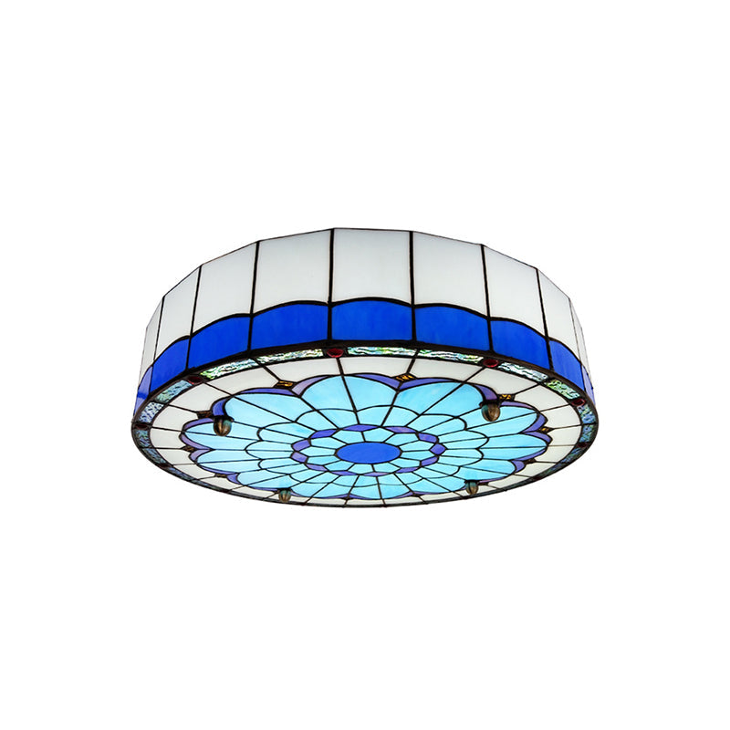 Drum Ceiling Mount Light Mediterranean Stained Glass Flush Mount Fixture for Bedroom Blue 16" Clearhalo 'Ceiling Lights' 'Close To Ceiling Lights' 'Close to ceiling' 'Flush mount' Lighting' 2556664