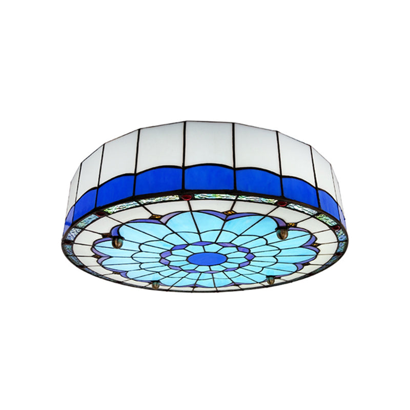 Drum Ceiling Mount Light Mediterranean Stained Glass Flush Mount Fixture for Bedroom Blue 23.5" Clearhalo 'Ceiling Lights' 'Close To Ceiling Lights' 'Close to ceiling' 'Flush mount' Lighting' 2556667