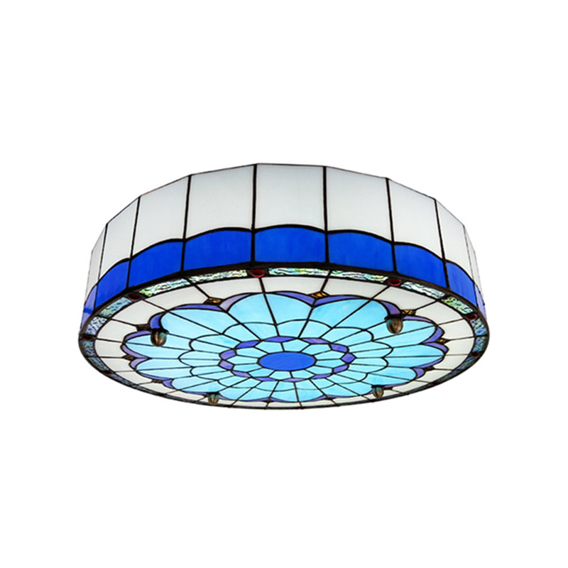 Drum Ceiling Mount Light Mediterranean Stained Glass Flush Mount Fixture for Bedroom Blue 31.5" Clearhalo 'Ceiling Lights' 'Close To Ceiling Lights' 'Close to ceiling' 'Flush mount' Lighting' 2556670
