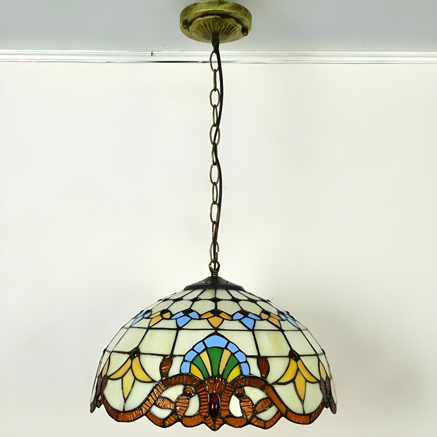 Bowl Pendant Light Tiffany-Style 1 Light Stained Glass Hanging Lamp for Dining Room Beige 16" Clearhalo 'Ceiling Lights' 'Close To Ceiling Lights' 'Glass shade' 'Glass' 'Industrial' 'Middle Century Pendants' 'Pendant Lights' 'Pendants' 'Tiffany close to ceiling' 'Tiffany Pendants' 'Tiffany' Lighting' 2556819