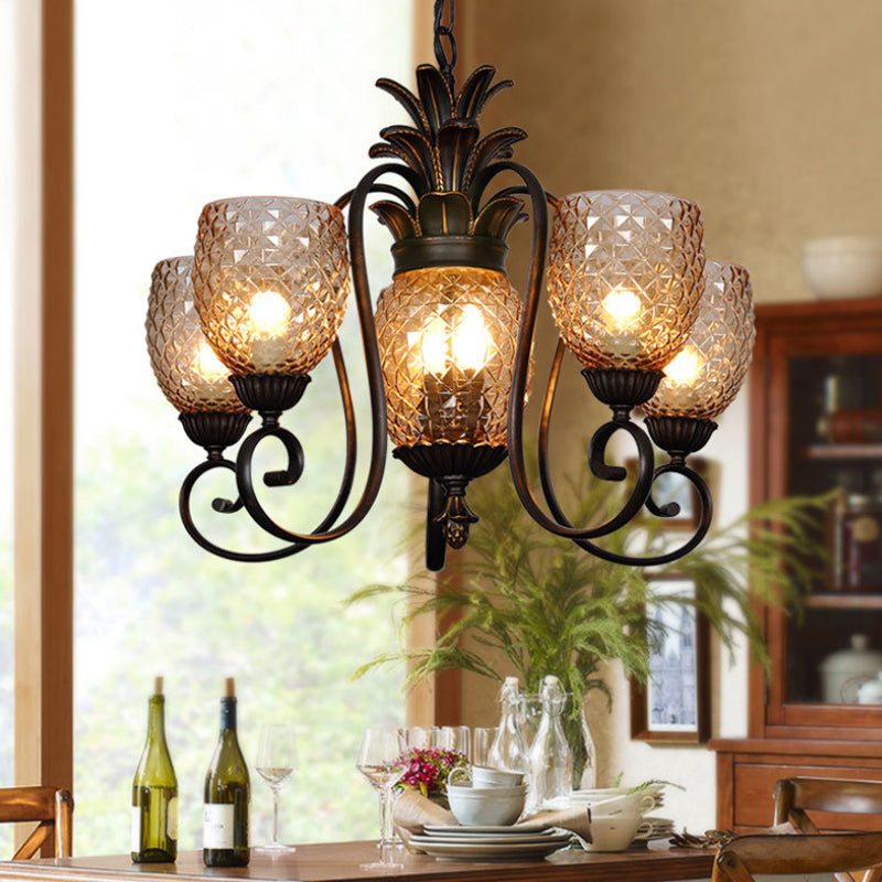 5/7 Lights Bedroom Ceiling Lamp Traditional Black Chandelier Pendant Light with Cup Frosted Prismatic Glass Shade Clearhalo 'Ceiling Lights' 'Chandeliers' 'Glass shade' 'Glass' Lighting' 255692