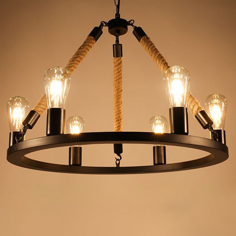 Industrial Art Rope Hanging Chandelier Light Circular Black Metal Exposed Bulb Drop Lamp 6 Black Clearhalo 'Ceiling Lights' 'Chandeliers' 'Industrial Chandeliers' 'Industrial' 'Middle Century Chandeliers' 'Tiffany' Lighting' 2556920