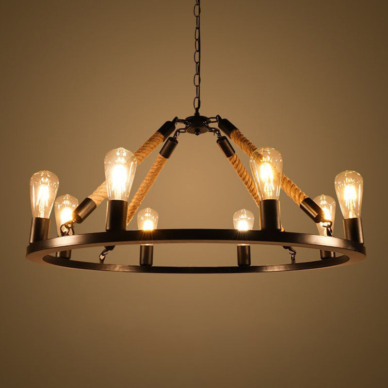 Industrial Art Rope Hanging Chandelier Light Circular Black Metal Exposed Bulb Drop Lamp Clearhalo 'Ceiling Lights' 'Chandeliers' 'Industrial Chandeliers' 'Industrial' 'Middle Century Chandeliers' 'Tiffany' Lighting' 2556921