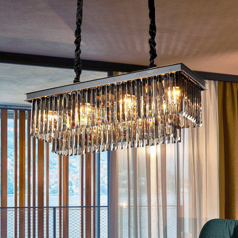 Rectangle Dining Room Chandelier Lamp Traditional Smoke Gray Crystal Block 8/11 Heads Matte Black Hanging Light 11 Smoke Gray Clearhalo 'Ceiling Lights' 'Island Lights' Lighting' 255706