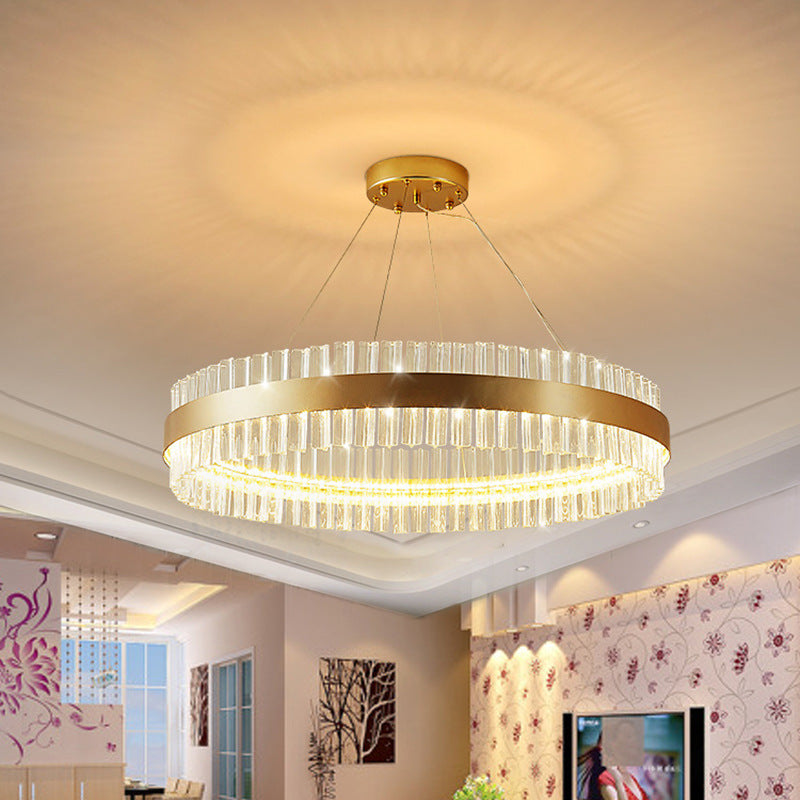 Circular Chandelier Light Postmodern Crystal Rod Gold LED Hanging Ceiling Light, 16"/19.5"/23.5" Wide Gold Clearhalo 'Ceiling Lights' 'Chandeliers' 'Modern Chandeliers' 'Modern' Lighting' 255815
