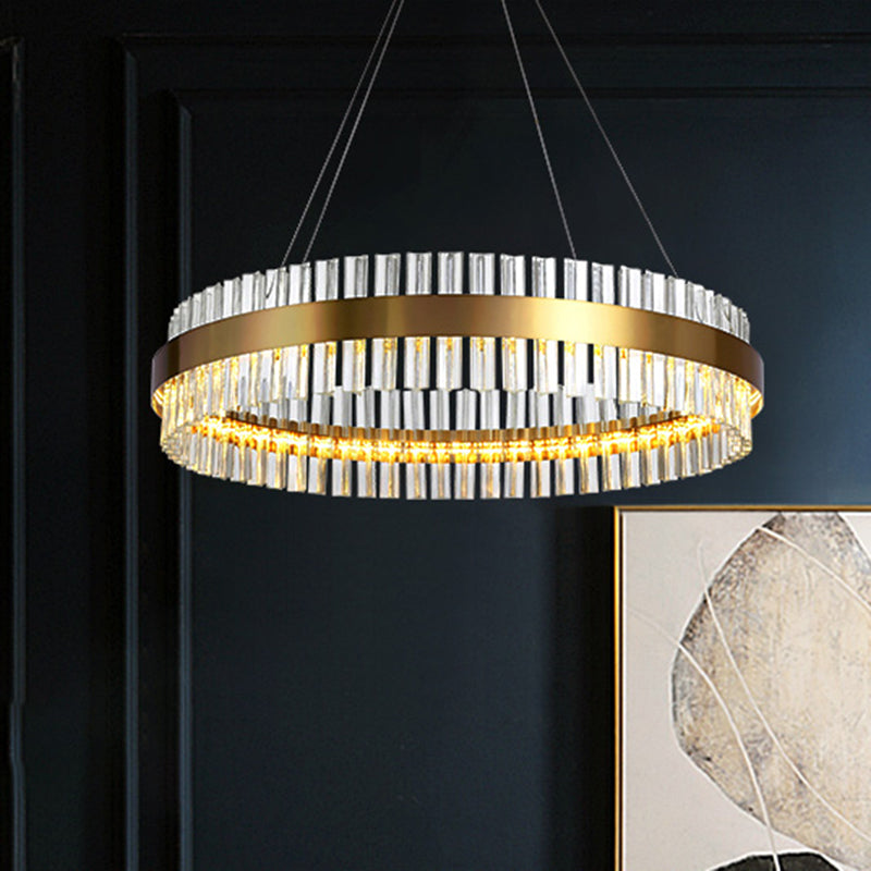 Circular Chandelier Light Postmodern Crystal Rod Gold LED Hanging Ceiling Light, 16"/19.5"/23.5" Wide Gold 31.5" Clearhalo 'Ceiling Lights' 'Chandeliers' 'Modern Chandeliers' 'Modern' Lighting' 255816
