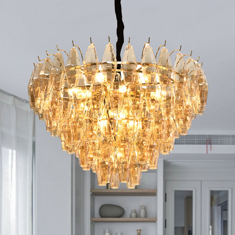 Cone Hanging Ceiling Light Modern Amber Glass 7/9 Heads Living Room Chandelier Lighting Fixture 9 Amber Clearhalo 'Ceiling Lights' 'Chandeliers' 'Modern Chandeliers' 'Modern' Lighting' 255922