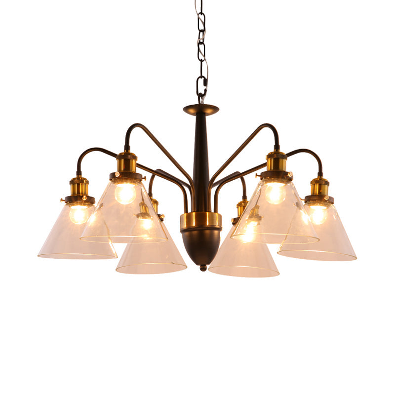 3/5/6-Light Conical Chandelier Light Traditional Black and Gold Hanging Pendant with Clear Glass Shade Clearhalo 'Ceiling Lights' 'Chandeliers' 'Glass shade' 'Glass' Lighting' 256023