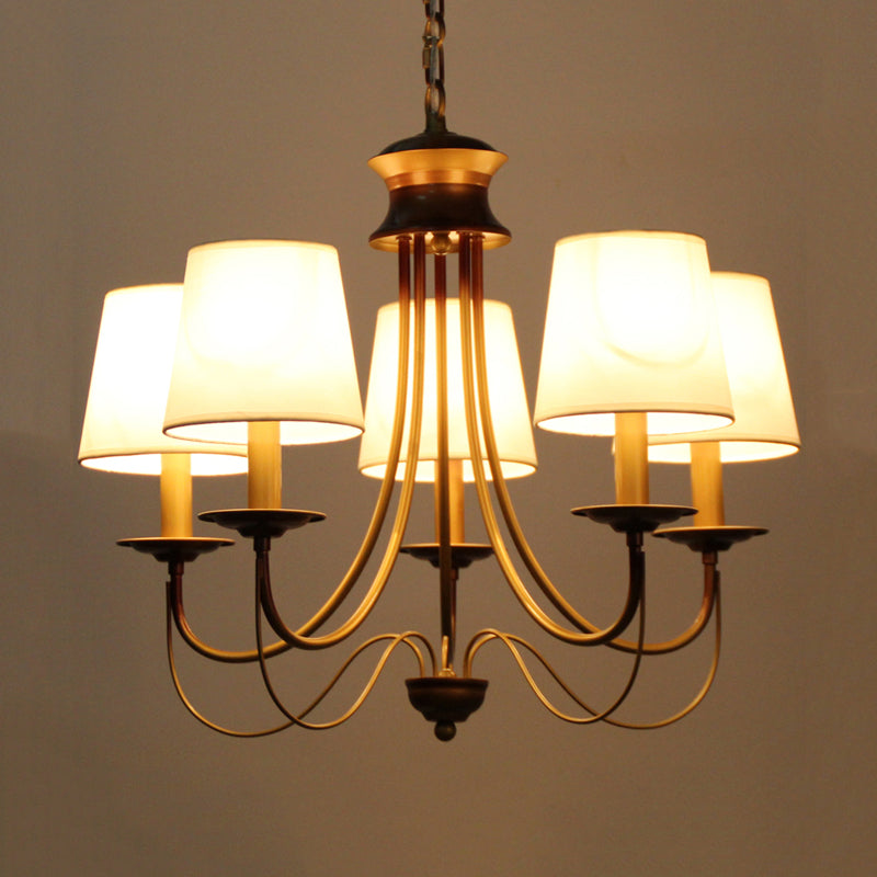3/5/6 Lights Brass Finish Hanging Chandelier Traditional Conical Ceiling Light with White Fabric Lamp Shade Clearhalo 'Ceiling Lights' 'Chandeliers' Lighting' options 256095