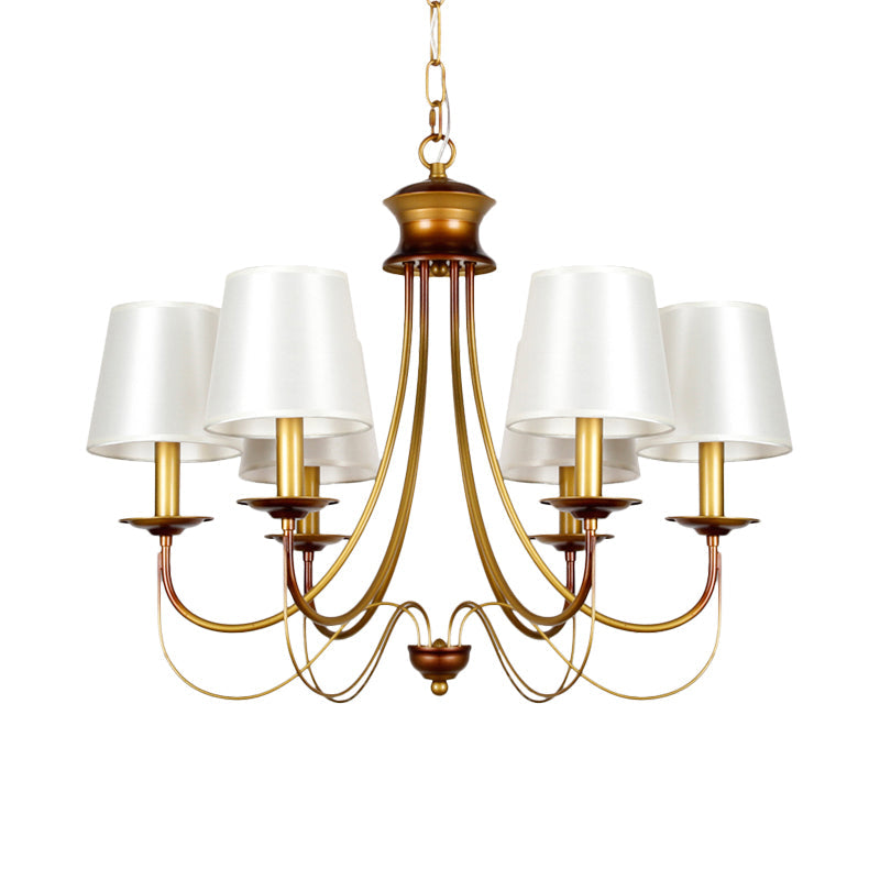 3/5/6 Lights Brass Finish Hanging Chandelier Traditional Conical Ceiling Light with White Fabric Lamp Shade Clearhalo 'Ceiling Lights' 'Chandeliers' Lighting' options 256107