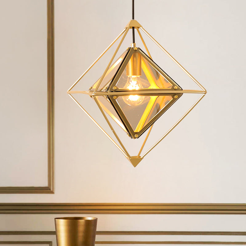 Black/Gold/Amber Glass 1-Light Drop Pendant Colonial Diamond Shape Ceiling Light Fixture with Exterior Iron Frame Clearhalo 'Ceiling Lights' 'Chandeliers' 'Glass shade' 'Glass' 'Pendant Lights' 'Pendants' Lighting' 256124