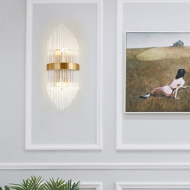 Crystal Rod Shield Wall Mount Light Postmodern 2/3 Heads Gold Sconce Light Fixture for Living Room 3.0 Gold Clearhalo 'Modern wall lights' 'Modern' 'Wall Lamps & Sconces' 'Wall Lights' Lighting' 256153