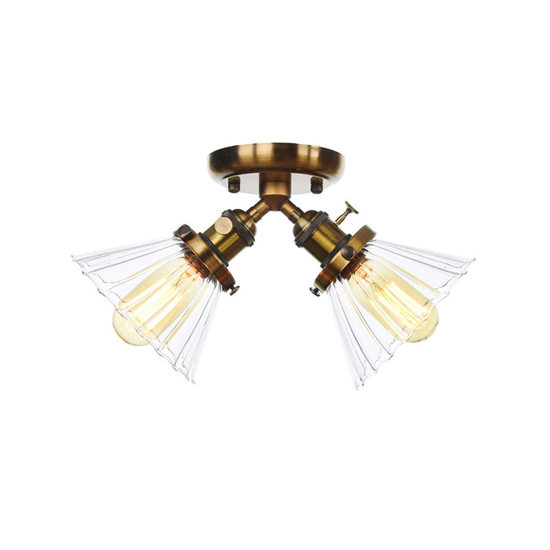 Cone Shade Bedroom Semi Mount Lighting Amber/Clear Glass 2 Heads Industrial Stylish Ceiling Flush Mount in Black/Bronze Clearhalo 'Ceiling Lights' 'Close To Ceiling Lights' 'Close to ceiling' 'Glass shade' 'Glass' 'Pendant Lights' 'Semi-flushmount' Lighting' 256198
