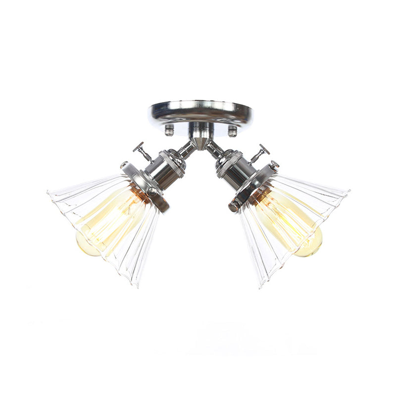 Cone Shade Bedroom Semi Mount Lighting Amber/Clear Glass 2 Heads Industrial Stylish Ceiling Flush Mount in Black/Bronze Clearhalo 'Ceiling Lights' 'Close To Ceiling Lights' 'Close to ceiling' 'Glass shade' 'Glass' 'Pendant Lights' 'Semi-flushmount' Lighting' 256204