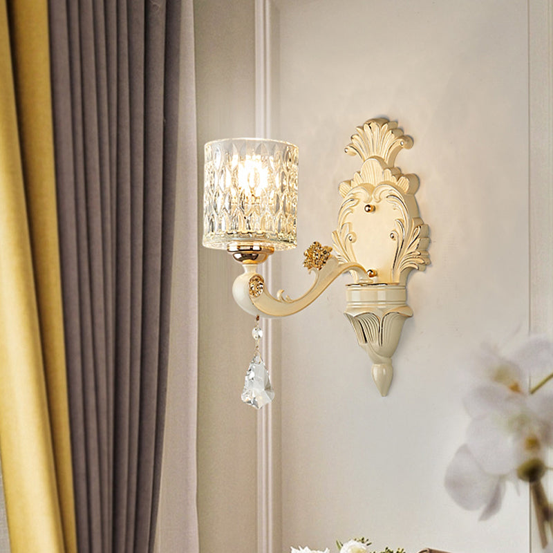 Cylinder Sconce Light Modern Clear Dimpled Glass 1/2 Heads Gold Wall Mount Light with Crystal Drop Clearhalo 'Modern wall lights' 'Modern' 'Wall Lamps & Sconces' 'Wall Lights' Lighting' 256235