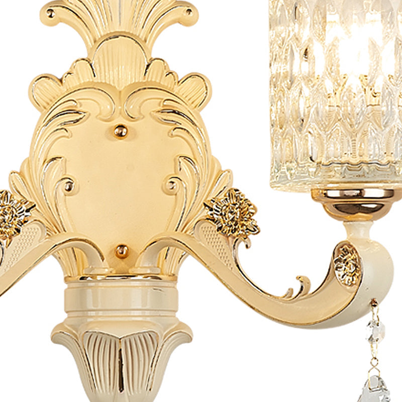 Cylinder Sconce Light Modern Clear Dimpled Glass 1/2 Heads Gold Wall Mount Light with Crystal Drop Clearhalo 'Modern wall lights' 'Modern' 'Wall Lamps & Sconces' 'Wall Lights' Lighting' 256243