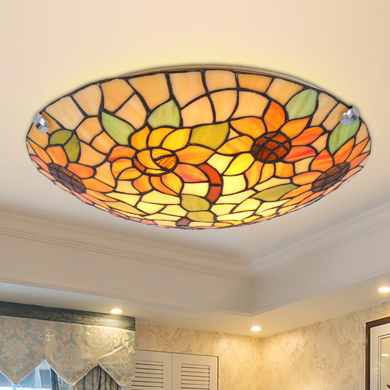 Flower&Leaf Pattern Tiffany Ceiling Light Stained Glass Shade Retro Mediterranean Style Flush Mount Lighting Fixtures for Restaurant Entrance Hall Clearhalo 'Ceiling Lights' 'Close To Ceiling Lights' 'Close to ceiling' 'Flush mount' Lighting' 2562441