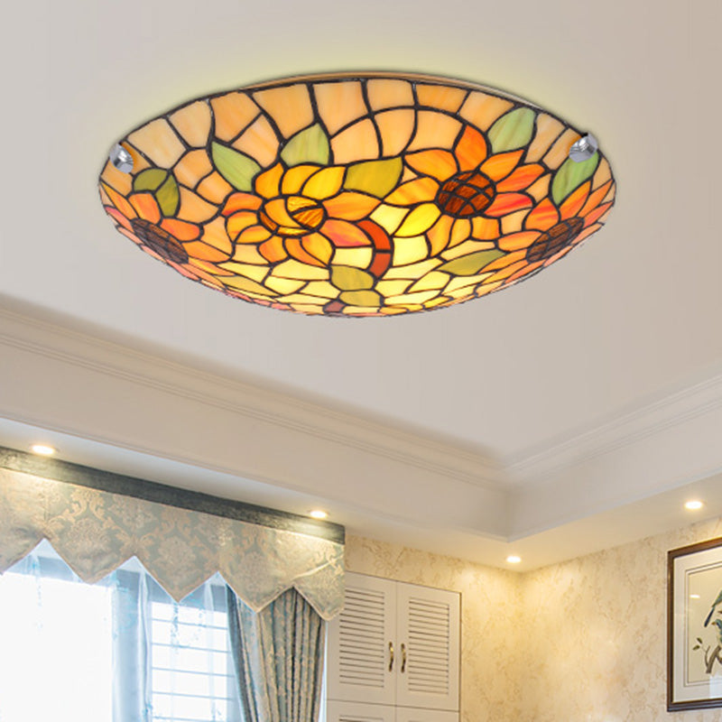 Flower&Leaf Pattern Tiffany Ceiling Light Stained Glass Shade Retro Mediterranean Style Flush Mount Lighting Fixtures for Restaurant Entrance Hall Clearhalo 'Ceiling Lights' 'Close To Ceiling Lights' 'Close to ceiling' 'Flush mount' Lighting' 2562443