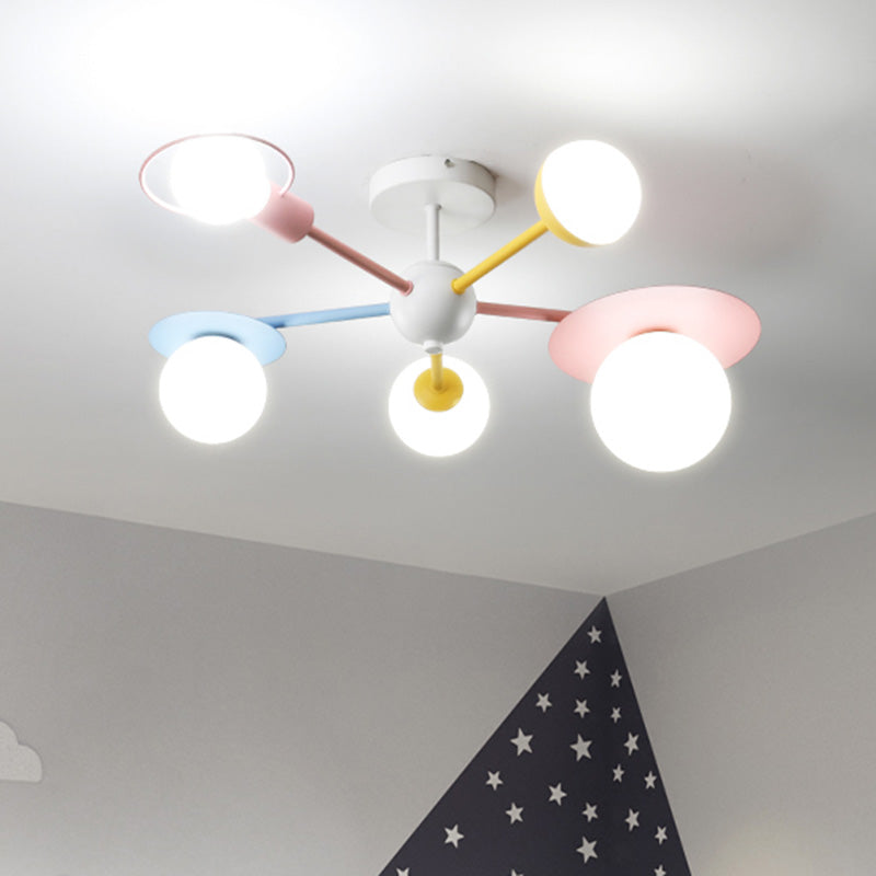 5-Light Macaroon Style Ceiling Light Northern Europe Iron Art Semi-flush Mount Lighting Fixture Lamp for Kindergarten Hallway Bedroom Clearhalo 'Ceiling Lights' 'Close To Ceiling Lights' 'Close to ceiling' 'Semi-flushmount' Lighting' 2562458