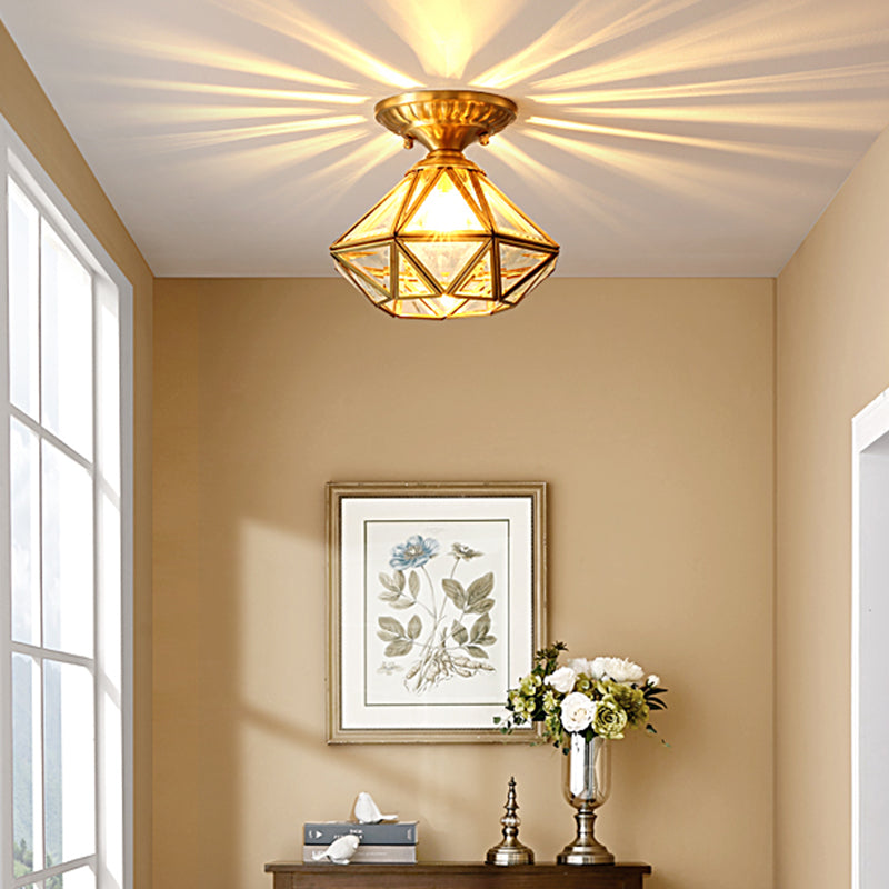 Full Brass European Style Ceiling Light with Glass Shade 1 Light Polyhedron Flush-mount Light for Bedroom Clearhalo 'Ceiling Lights' 'Close To Ceiling Lights' 'Close to ceiling' 'Semi-flushmount' Lighting' 2562505