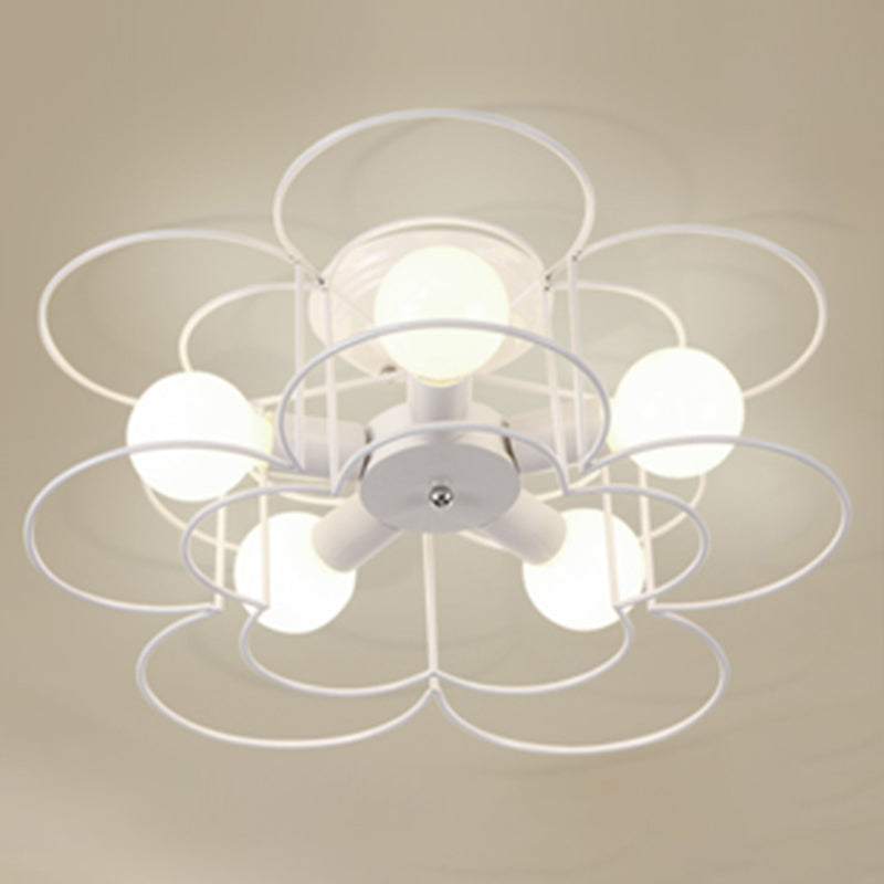 5 Bulbs Industrial Style Ceiling Light Flush Mount Dining Room Lighting Fixture with Iron Frame Lampshade White Flower Clearhalo 'Ceiling Lights' 'Close To Ceiling Lights' 'Close to ceiling' 'Semi-flushmount' Lighting' 2562515