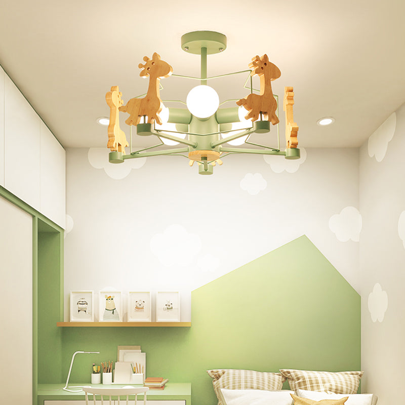 Wood Cartoon Giraffe Ceiling Light 5-lights Semi Flush Mount Light with Iron Frame Shade for Children Room Kindergarten Clearhalo 'Ceiling Lights' 'Close To Ceiling Lights' 'Close to ceiling' 'Semi-flushmount' Lighting' 2562641