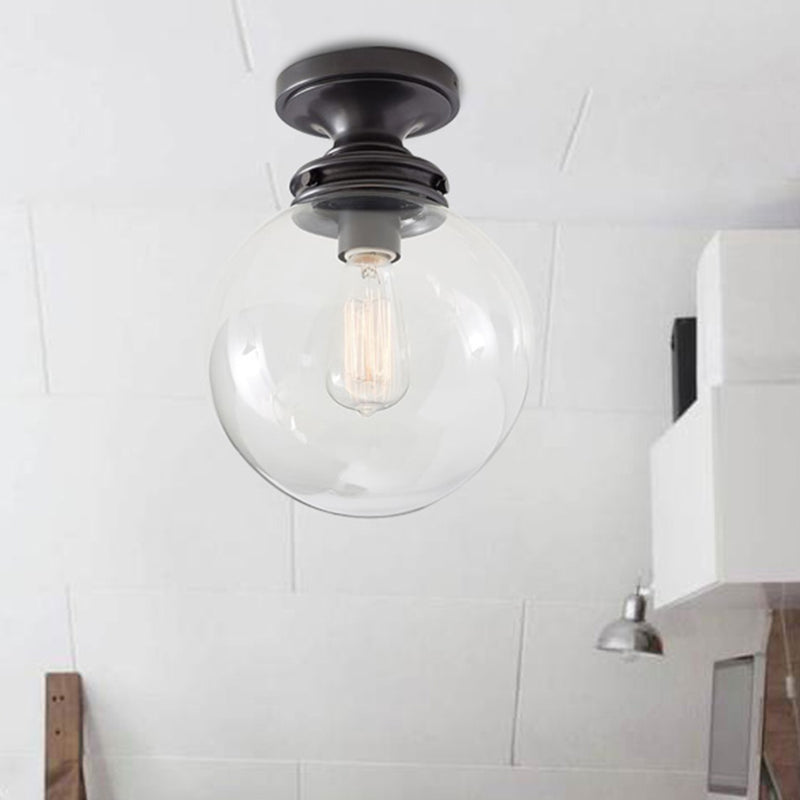 1-Light Industrial Ceiling Light with Clear Glass Shade Round Flush-mount Lamp in Black for Cloth Shop Clearhalo 'Ceiling Lights' 'Close To Ceiling Lights' 'Close to ceiling' 'Glass shade' 'Glass' 'Semi-flushmount' Lighting' 2562709