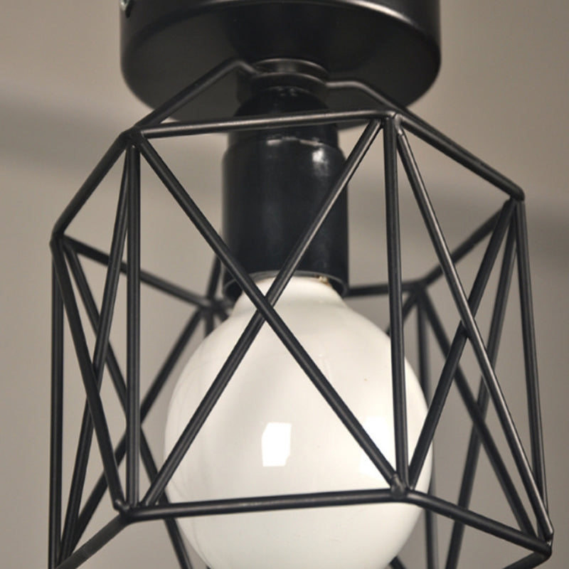 Retro Industrial Black Ceiling Light Single Light Wire Frame Semi Flush Light for Kitchen Clearhalo 'Ceiling Lights' 'Close To Ceiling Lights' 'Close to ceiling' 'Semi-flushmount' Lighting' 2562714