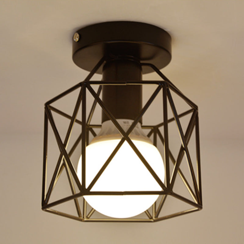 Retro Industrial Black Ceiling Light Single Light Wire Frame Semi Flush Light for Kitchen Clearhalo 'Ceiling Lights' 'Close To Ceiling Lights' 'Close to ceiling' 'Semi-flushmount' Lighting' 2562716