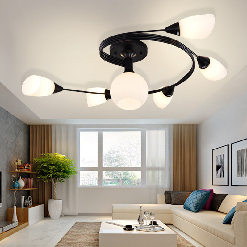 Ironwork Frosted Glass Ceiling Light Modern Style Semi Flush Mount Light with White Shade for Living Room Restaurant 6 Black Clearhalo 'Ceiling Lights' 'Close To Ceiling Lights' 'Close to ceiling' 'Semi-flushmount' Lighting' 2562720