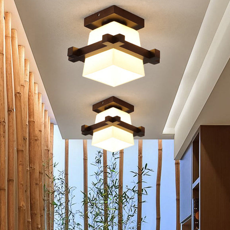 1-Light Wooden Ceiling Light Modern Simplicity Semi Flush Light with Square Glass Shade Clearhalo 'Ceiling Lights' 'Close To Ceiling Lights' 'Close to ceiling' 'Semi-flushmount' Lighting' 2562749