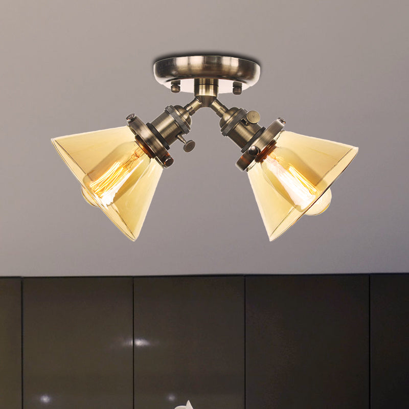 2 Heads Restaurant Ceiling Light Fixture Vintage Style Black/Bronze Semi Flush Mount Light with Conic Amber/Clear Glass Shade Clearhalo 'Ceiling Lights' 'Chandeliers' 'Close To Ceiling Lights' 'Close to ceiling' 'Glass shade' 'Glass' 'Semi-flushmount' Lighting' 256296