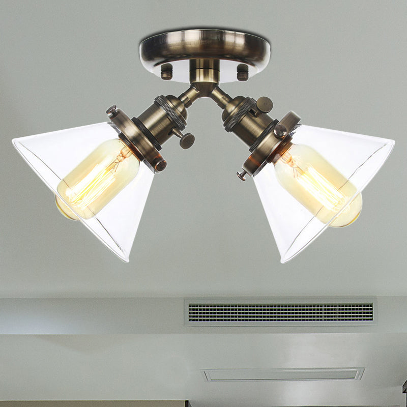 2 Heads Restaurant Ceiling Light Fixture Vintage Style Black/Bronze Semi Flush Mount Light with Conic Amber/Clear Glass Shade Bronze Clear Clearhalo 'Ceiling Lights' 'Chandeliers' 'Close To Ceiling Lights' 'Close to ceiling' 'Glass shade' 'Glass' 'Semi-flushmount' Lighting' 256298