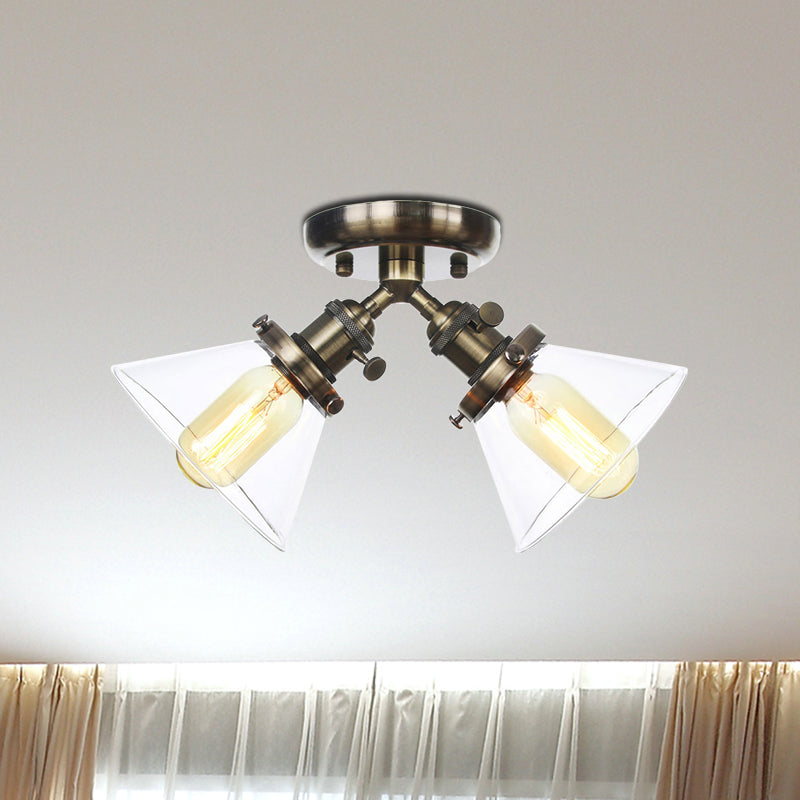 2 Heads Restaurant Ceiling Light Fixture Vintage Style Black/Bronze Semi Flush Mount Light with Conic Amber/Clear Glass Shade Clearhalo 'Ceiling Lights' 'Chandeliers' 'Close To Ceiling Lights' 'Close to ceiling' 'Glass shade' 'Glass' 'Semi-flushmount' Lighting' 256299