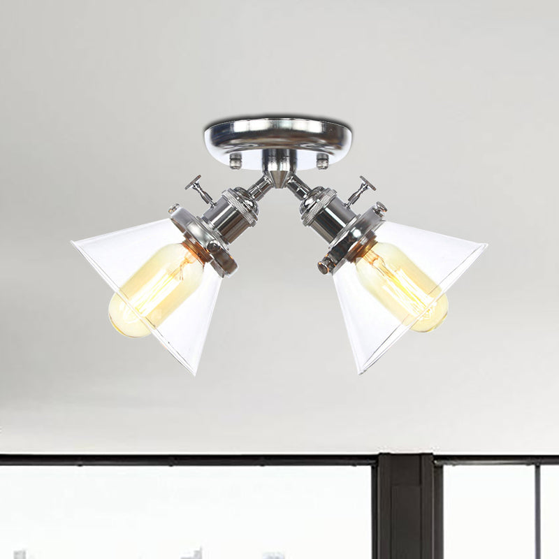 2 Heads Restaurant Ceiling Light Fixture Vintage Style Black/Bronze Semi Flush Mount Light with Conic Amber/Clear Glass Shade Clearhalo 'Ceiling Lights' 'Chandeliers' 'Close To Ceiling Lights' 'Close to ceiling' 'Glass shade' 'Glass' 'Semi-flushmount' Lighting' 256317