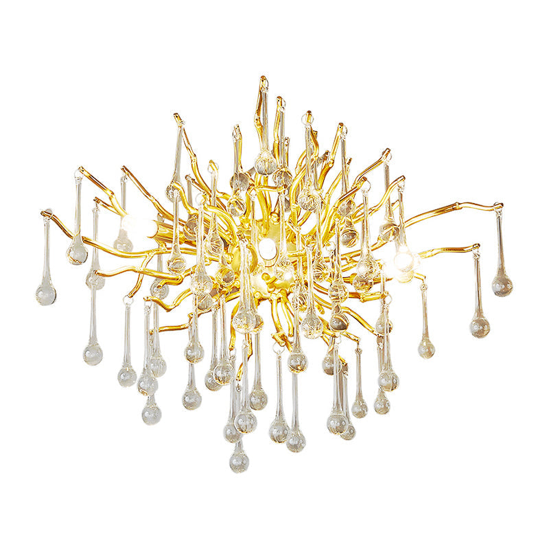 Starburst Wall Mount Light Art Deco Clear/Smoke Gray/Multicolor Waterdrop Crystal 3 Heads Gold Sconce Light Fixture Clearhalo 'Wall Lamps & Sconces' 'Wall Lights' Lighting' 256358