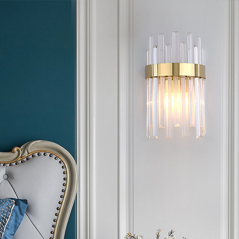 2 Heads Bedroom Wall Light Postmodern Black/Gold Sconce Light Fixture with Half-Cylinder Three Side Crystal Rod Shade Gold Clearhalo 'Modern wall lights' 'Modern' 'Wall Lamps & Sconces' 'Wall Lights' Lighting' 256433