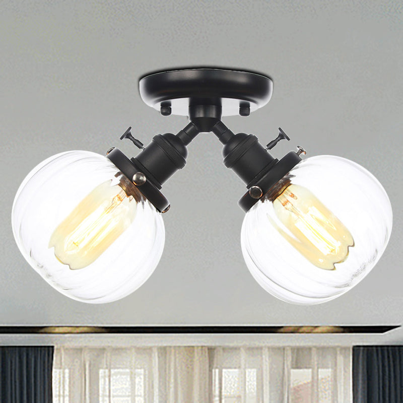 Amber/Clear Glass Ball Semi Flush Pendant Light Industrial Style 2 Heads Black/Bronze Ceiling Mounted Lamp for Restaurant Black Clear Clearhalo 'Ceiling Lights' 'Close To Ceiling Lights' 'Close to ceiling' 'Glass shade' 'Glass' 'Semi-flushmount' Lighting' 256589