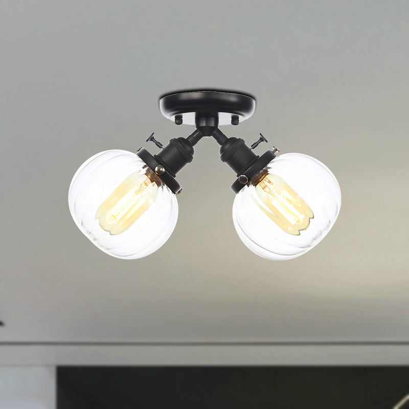 Amber/Clear Glass Ball Semi Flush Pendant Light Industrial Style 2 Heads Black/Bronze Ceiling Mounted Lamp for Restaurant Clearhalo 'Ceiling Lights' 'Close To Ceiling Lights' 'Close to ceiling' 'Glass shade' 'Glass' 'Semi-flushmount' Lighting' 256590
