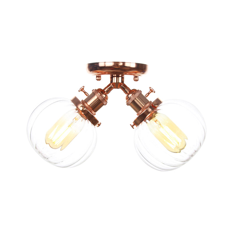 Amber/Clear Glass Ball Semi Flush Pendant Light Industrial Style 2 Heads Black/Bronze Ceiling Mounted Lamp for Restaurant Clearhalo 'Ceiling Lights' 'Close To Ceiling Lights' 'Close to ceiling' 'Glass shade' 'Glass' 'Semi-flushmount' Lighting' 256597