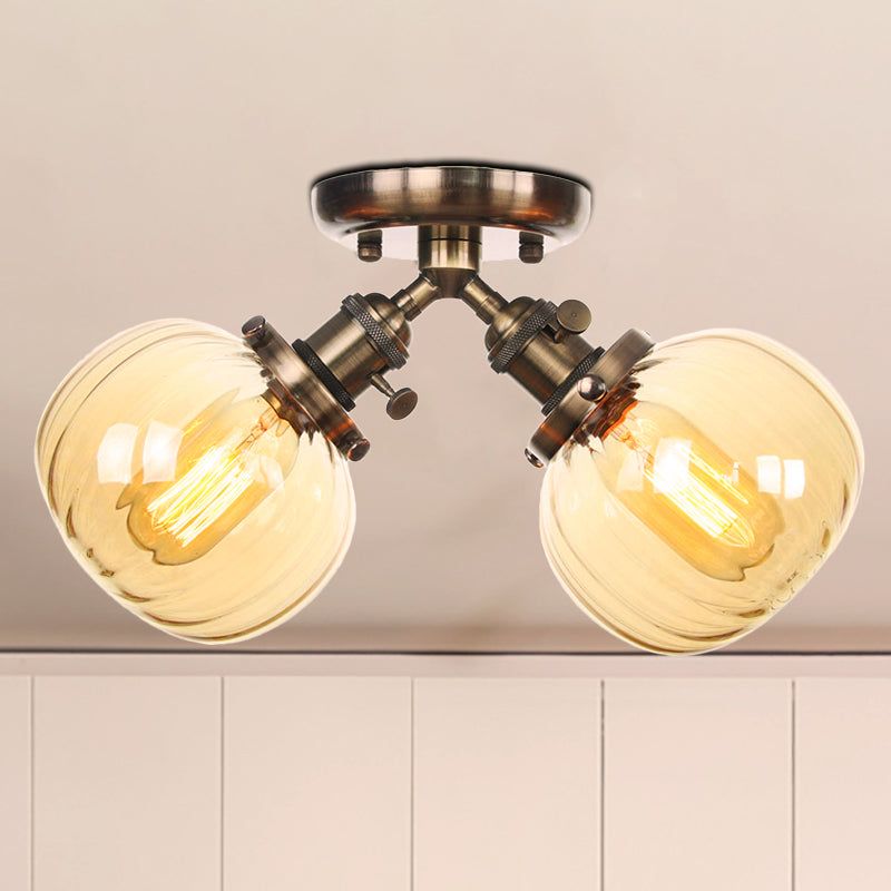 Amber/Clear Glass Ball Semi Flush Pendant Light Industrial Style 2 Heads Black/Bronze Ceiling Mounted Lamp for Restaurant Bronze Amber Clearhalo 'Ceiling Lights' 'Close To Ceiling Lights' 'Close to ceiling' 'Glass shade' 'Glass' 'Semi-flushmount' Lighting' 256598