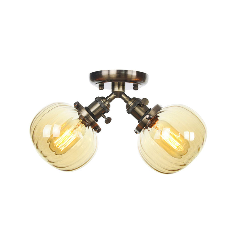 Amber/Clear Glass Ball Semi Flush Pendant Light Industrial Style 2 Heads Black/Bronze Ceiling Mounted Lamp for Restaurant Clearhalo 'Ceiling Lights' 'Close To Ceiling Lights' 'Close to ceiling' 'Glass shade' 'Glass' 'Semi-flushmount' Lighting' 256600