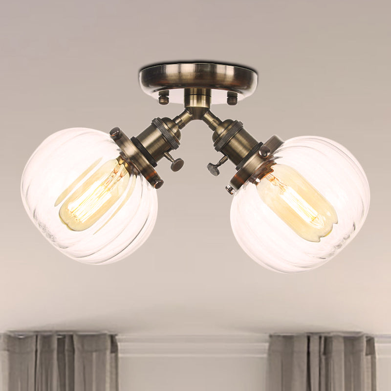 Amber/Clear Glass Ball Semi Flush Pendant Light Industrial Style 2 Heads Black/Bronze Ceiling Mounted Lamp for Restaurant Bronze Clear Clearhalo 'Ceiling Lights' 'Close To Ceiling Lights' 'Close to ceiling' 'Glass shade' 'Glass' 'Semi-flushmount' Lighting' 256601