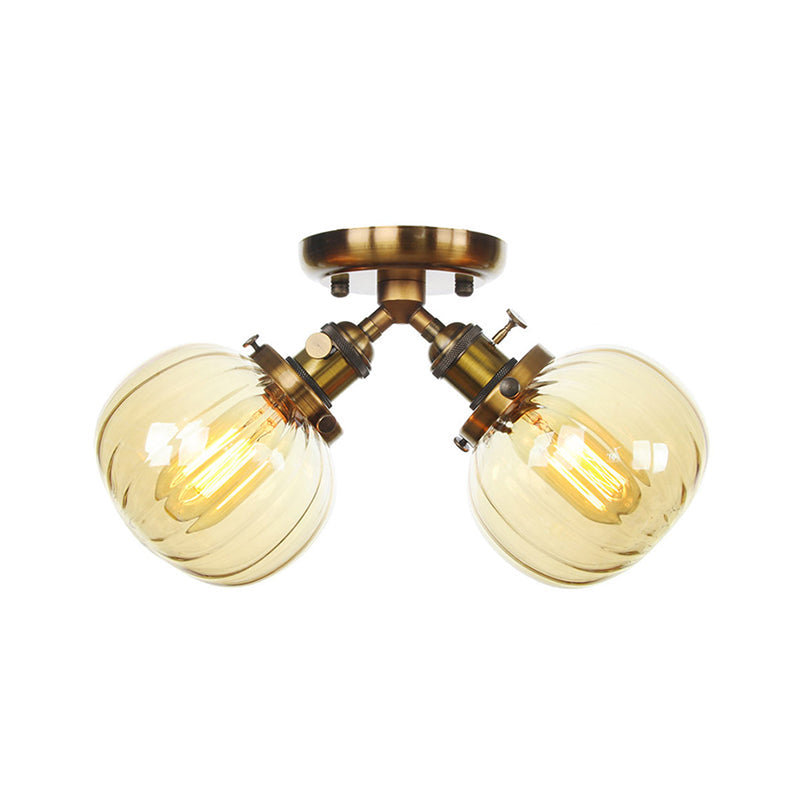 Amber/Clear Glass Ball Semi Flush Pendant Light Industrial Style 2 Heads Black/Bronze Ceiling Mounted Lamp for Restaurant Clearhalo 'Ceiling Lights' 'Close To Ceiling Lights' 'Close to ceiling' 'Glass shade' 'Glass' 'Semi-flushmount' Lighting' 256606