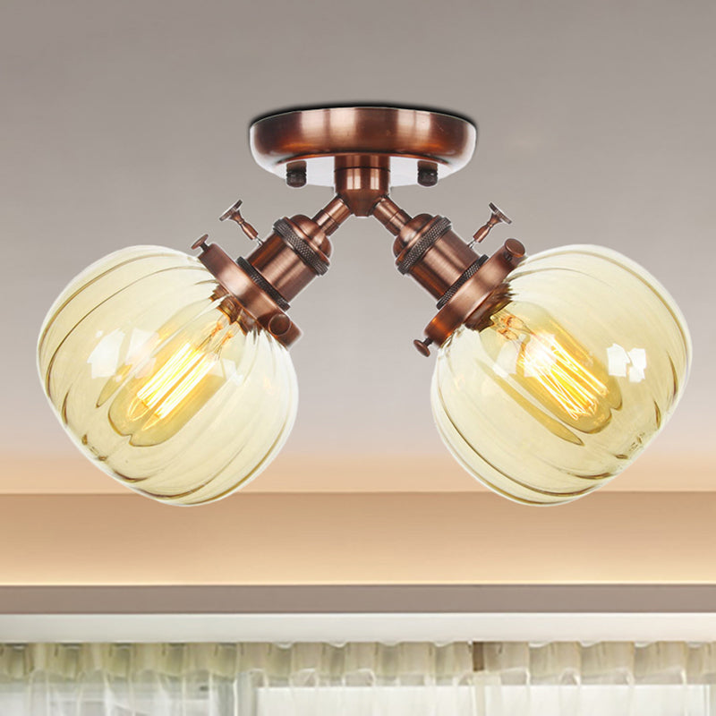 Amber/Clear Glass Ball Semi Flush Pendant Light Industrial Style 2 Heads Black/Bronze Ceiling Mounted Lamp for Restaurant Copper Amber Clearhalo 'Ceiling Lights' 'Close To Ceiling Lights' 'Close to ceiling' 'Glass shade' 'Glass' 'Semi-flushmount' Lighting' 256610